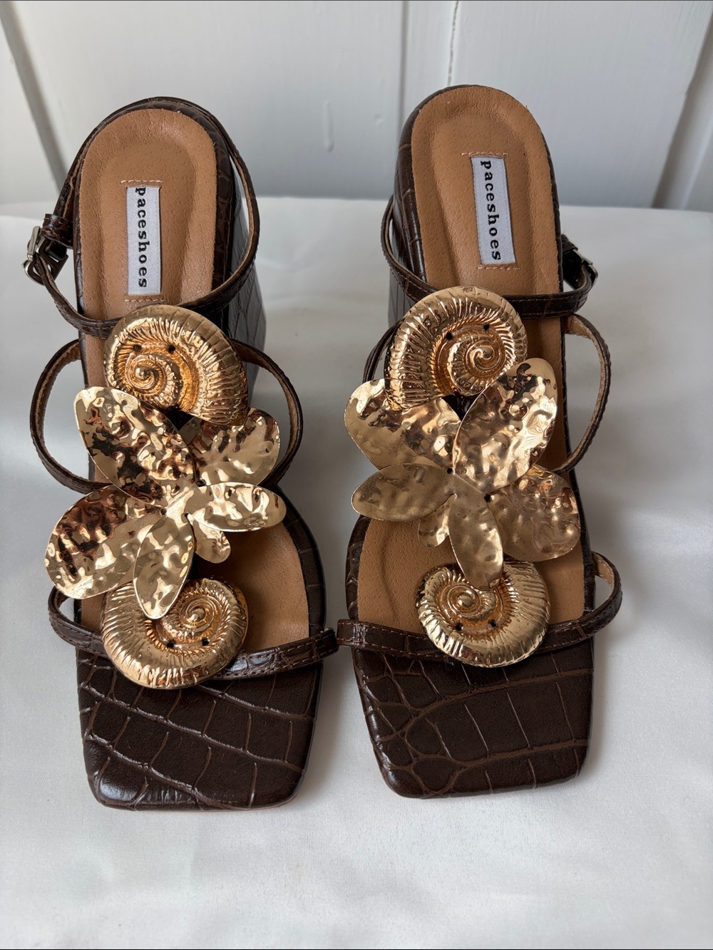PACE SHOES, Custom Designed Wedge Sandals with Gold Hammered Accents